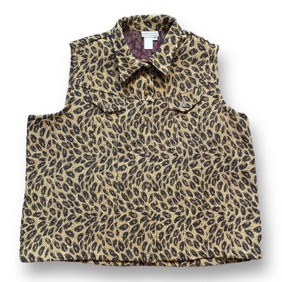 Vintage 90s Vest Tan Brown Leopard Animal Print Collared Button Front Plus 2X - Picture 1 of 9
